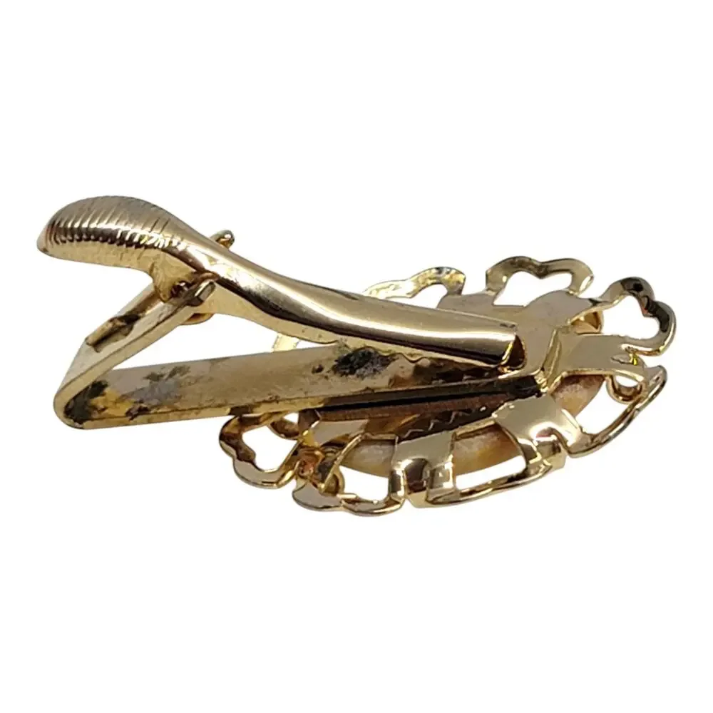 Vintage Fossil Coral Tie Clip Gold Tone Retro Mid Century Mens Suit Clasp Bar